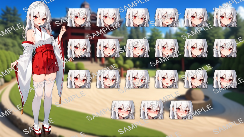 【無料版あり】立ち絵/背景 アルビノのミニスカ巫女/和風の町・和風の庭(昼夜夕差分あり)+物置