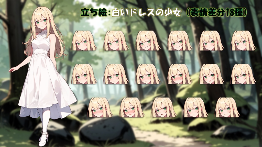 【無料版あり】立ち絵/背景 金髪碧眼・白いドレスの少女/森(時間別差分あり)