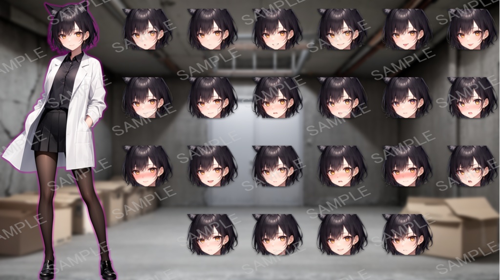 【無料版あり】立ち絵/背景 猫耳の生えた白衣の少女/怪しい研究施設・廃墟・通路・倉庫