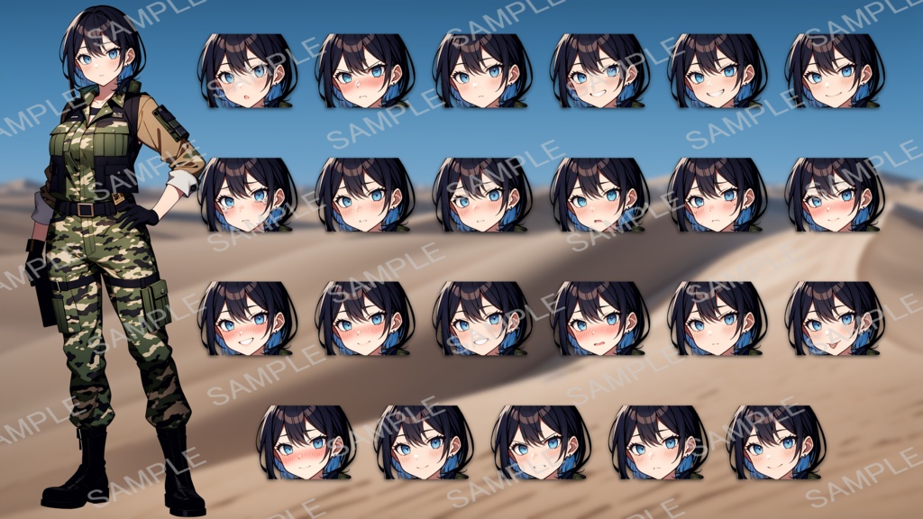 【無料版あり】立ち絵/背景 軍服の女性/砂漠・洞窟(時間別差分あり)