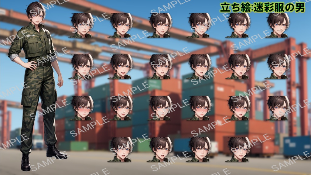 【無料版あり】立ち絵/背景 迷彩服の男/海(岩場・浜辺・港/埠頭)・倉庫