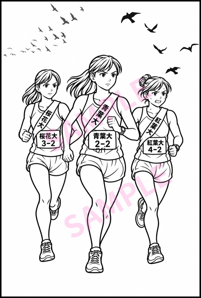 【無料サンプル】ぬりえ1枚　大学女子駅伝2026（AI作成） 背景白と背景透過セット