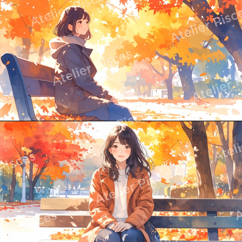 秋の公園と人物画像 5枚セット【商用可】