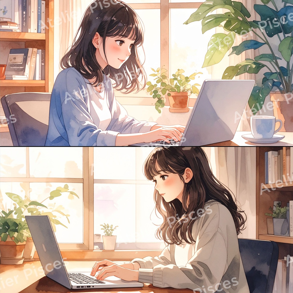 自宅でPC作業中の人物画像 10枚セット【商用可】