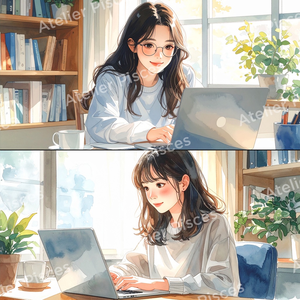 自宅でPC作業中の人物画像 10枚セット【商用可】