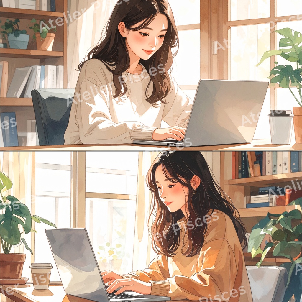 自宅でPC作業中の人物画像 10枚セット【商用可】