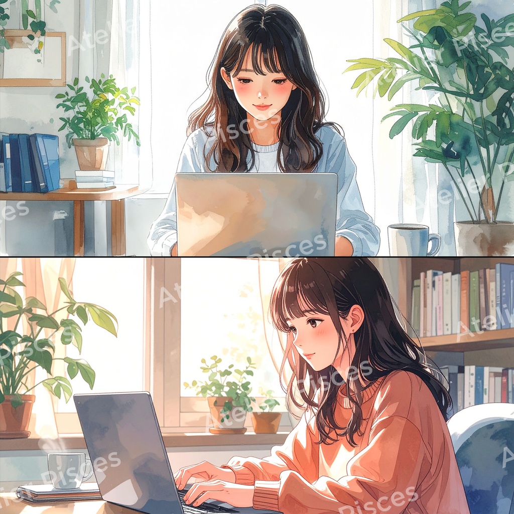 自宅でPC作業中の人物画像 10枚セット【商用可】