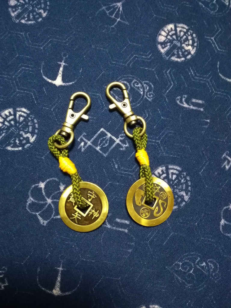 守矢神宝ストラップ三文銭・一文銭(真鍮無垢・黒染め)