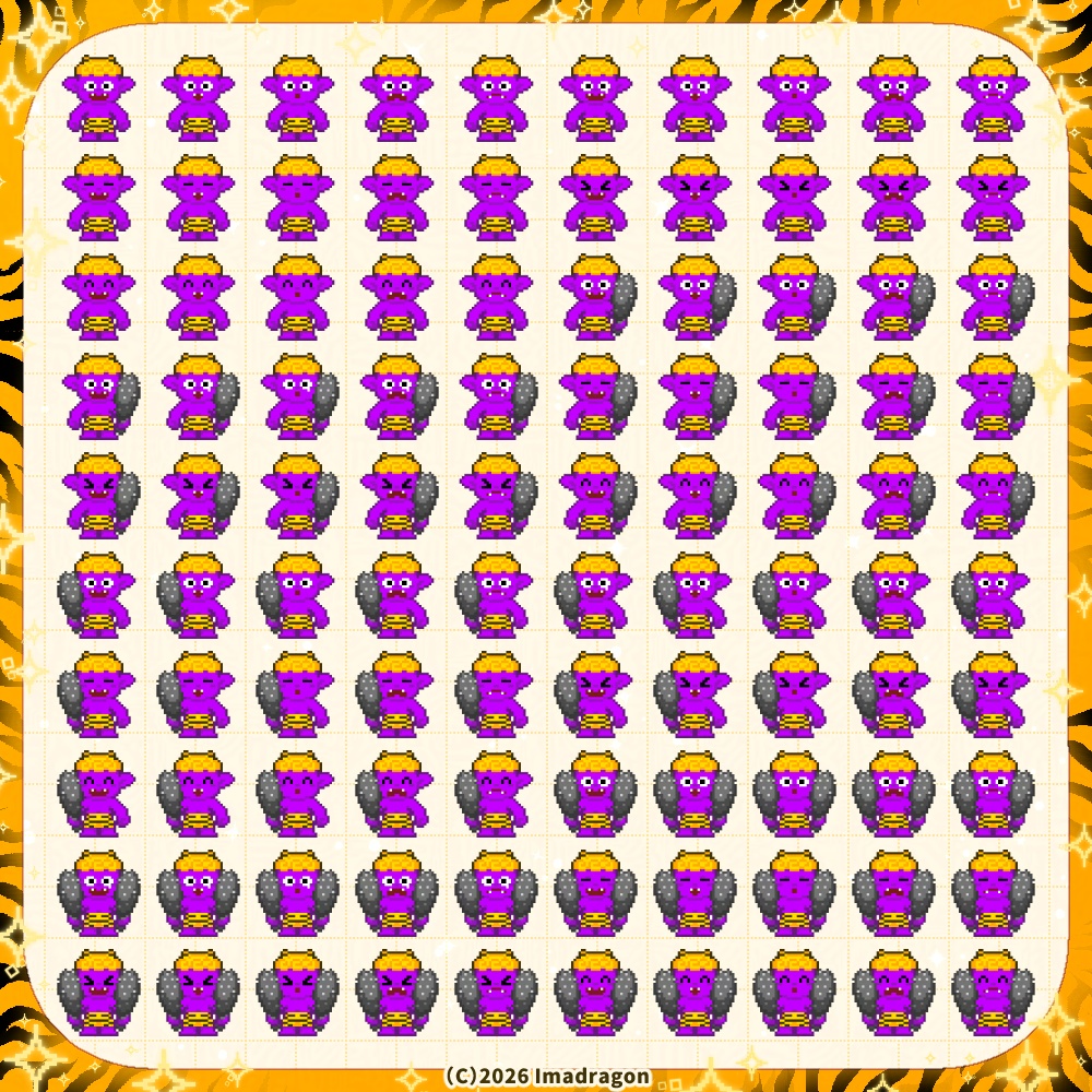 ドット鬼の子PNG素材セット┆差分100種類x7色┆商用利用可