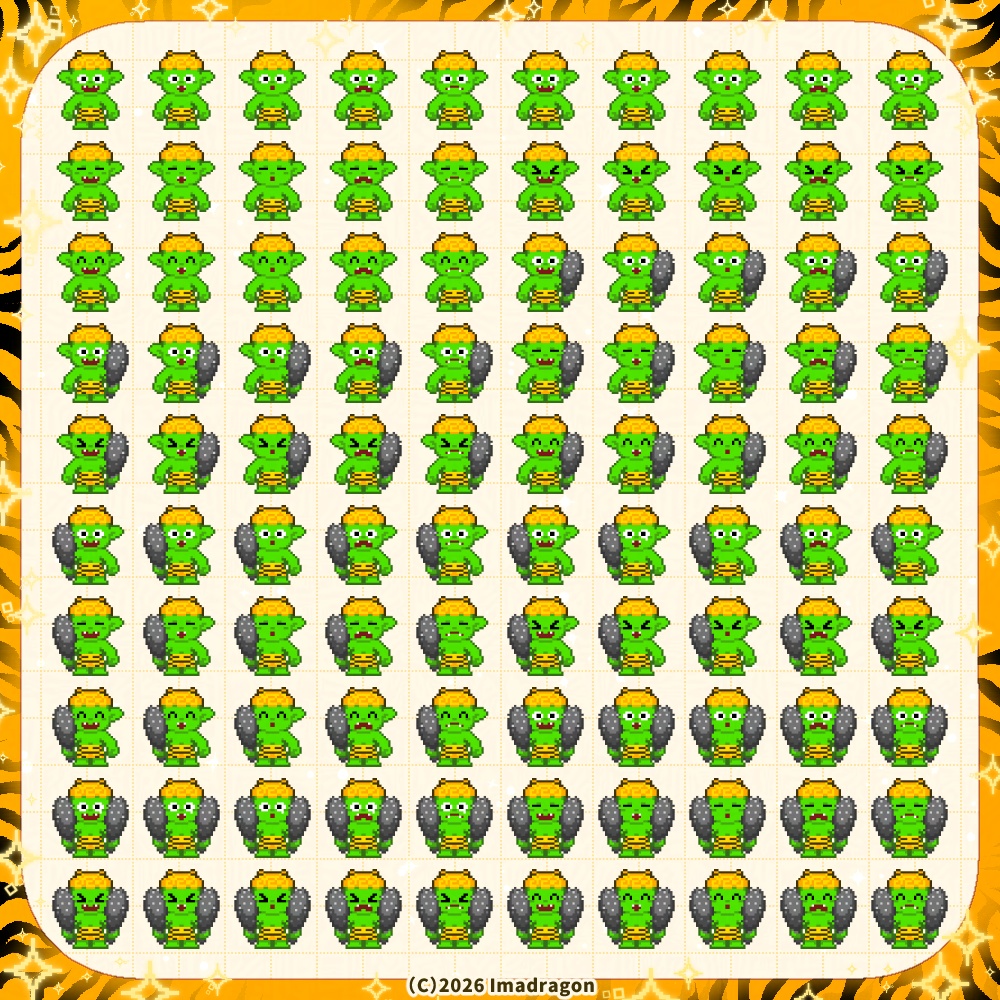 ドット鬼の子PNG素材セット┆差分100種類x7色┆商用利用可