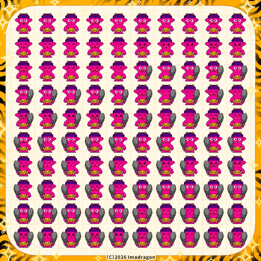 ドット鬼の子PNG素材セット┆差分100種類x7色┆商用利用可