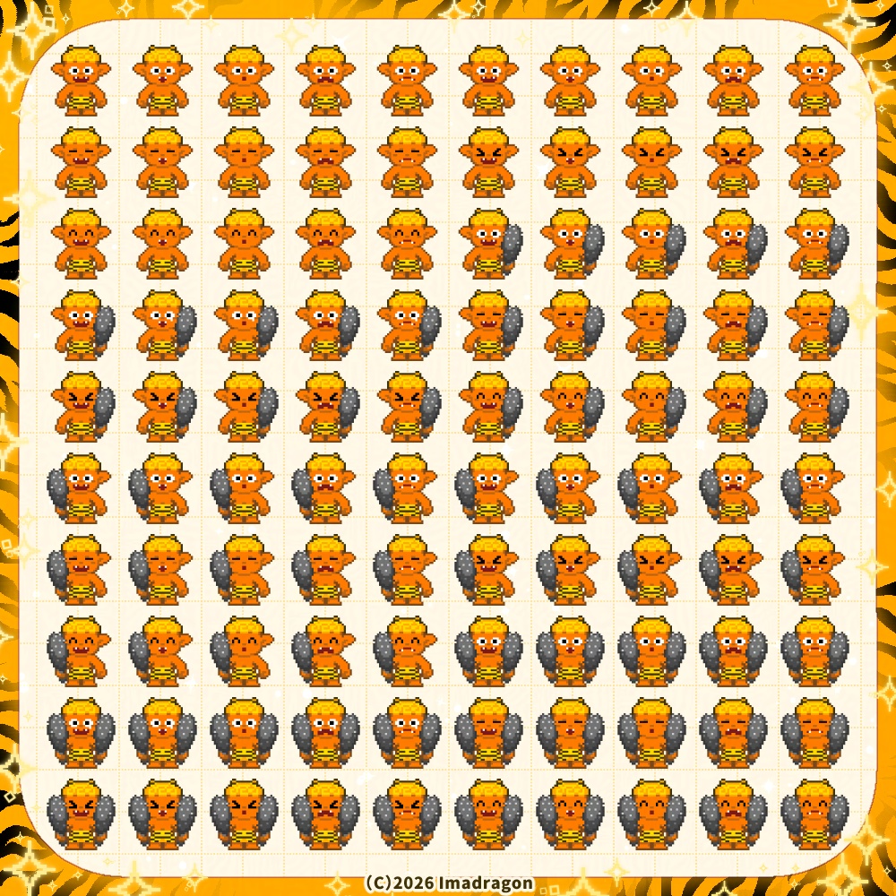 ドット鬼の子PNG素材セット┆差分100種類x7色┆商用利用可