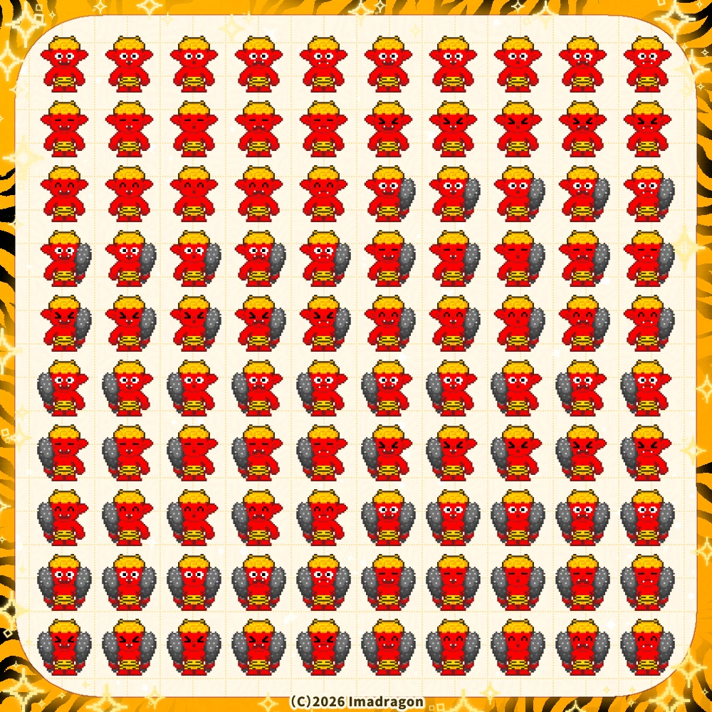 ドット鬼の子PNG素材セット┆差分100種類x7色┆商用利用可