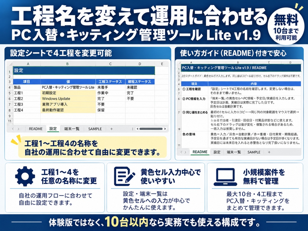 【無料】PC入替・キッティング管理ツール Lite|10台・4工程のExcel管理表