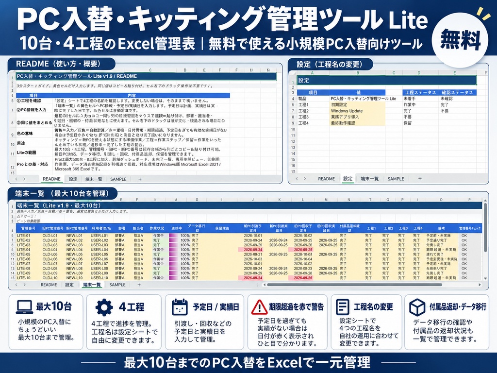 【無料】PC入替・キッティング管理ツール Lite｜10台・4工程のExcel管理表