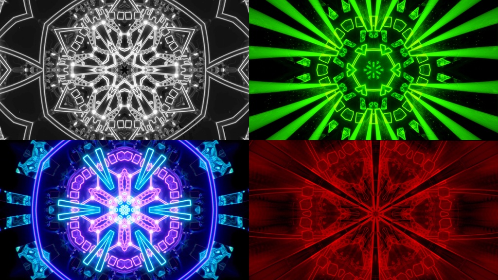 Hypnotic Kaleidoscope Tunnel Collection | Green, Red, Mono & Prototype | 4 HD Seamless VJ Loops