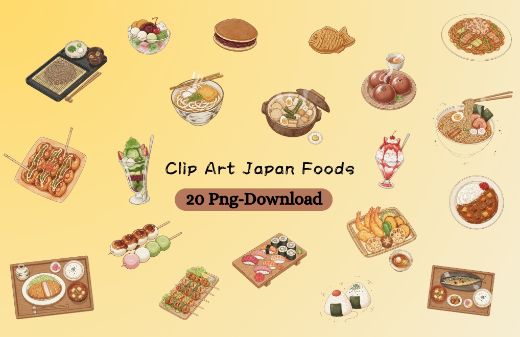 手描き風で温かみのある日本の「食」クリップアート20点セット（PNG背景透過）