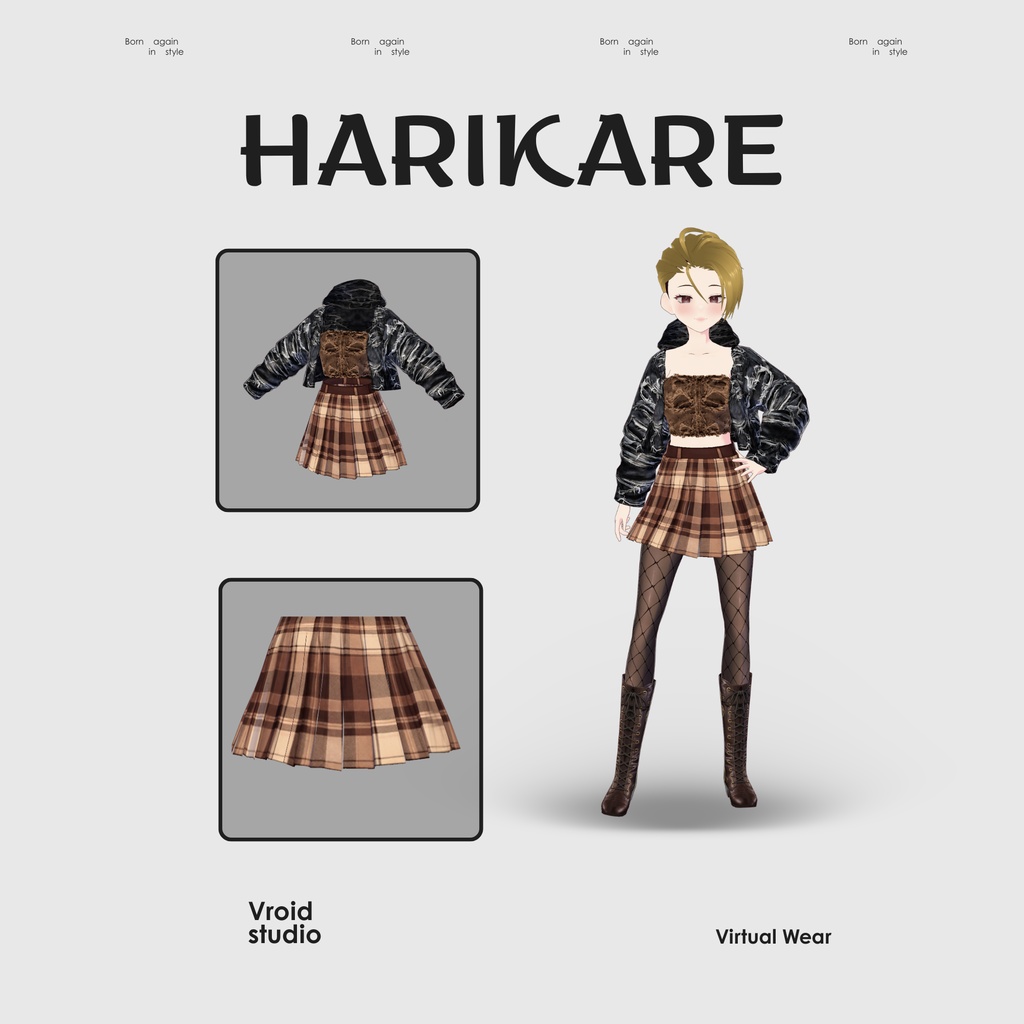 【#VRoid リアル衣装】グランジチェックレイヤーコーデ|ダークアカデミア×ストリートスタイル