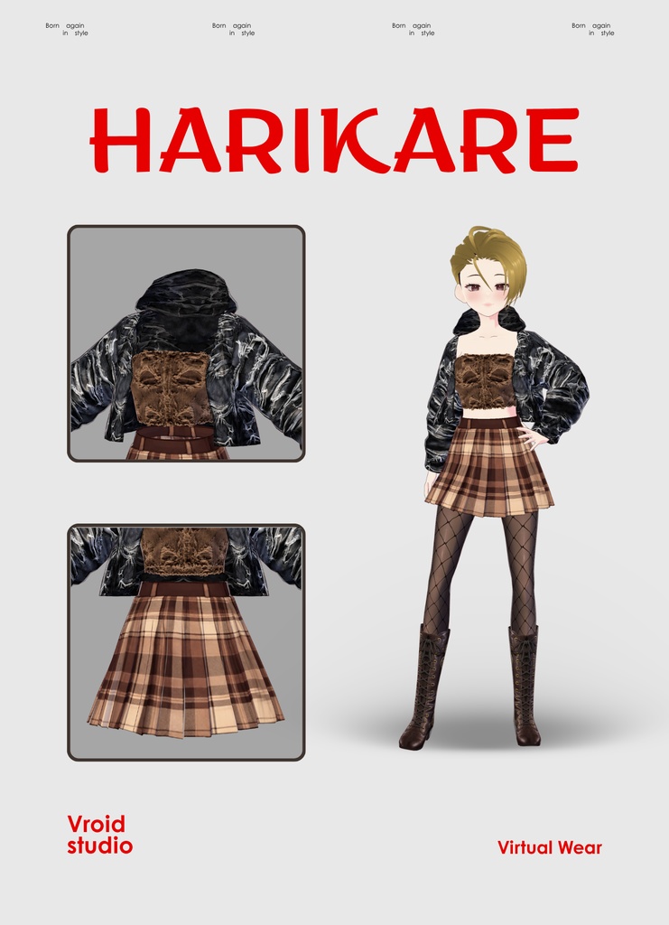 【#VRoid リアル衣装】グランジチェックレイヤーコーデ|ダークアカデミア×ストリートスタイル