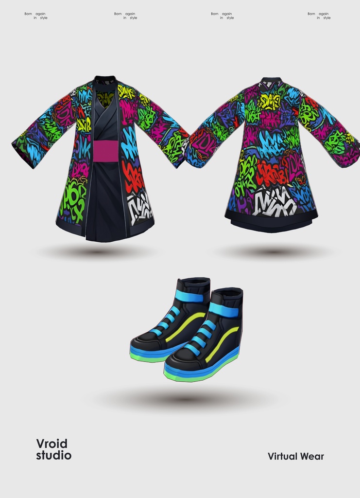 【#VRoid リアル衣装 / Real Outfit】ネオングラフィティ着物|Neon Graffiti Kimono(ストリート×モダン / Street × Modern Style)