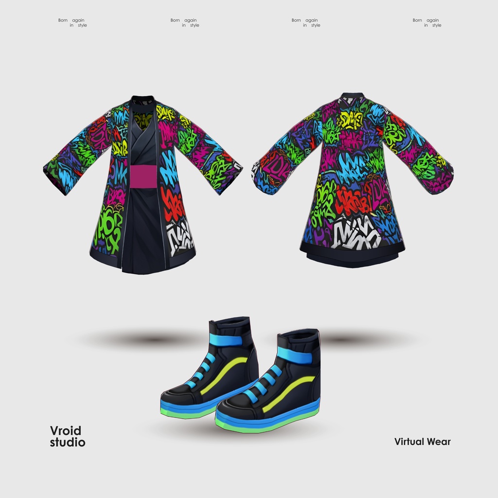 【#VRoid リアル衣装 / Real Outfit】ネオングラフィティ着物|Neon Graffiti Kimono(ストリート×モダン / Street × Modern Style)