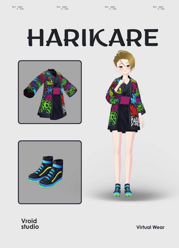 【#VRoid リアル衣装 / Real Outfit】ネオングラフィティ着物|Neon Graffiti Kimono(ストリート×モダン / Street × Modern Style)