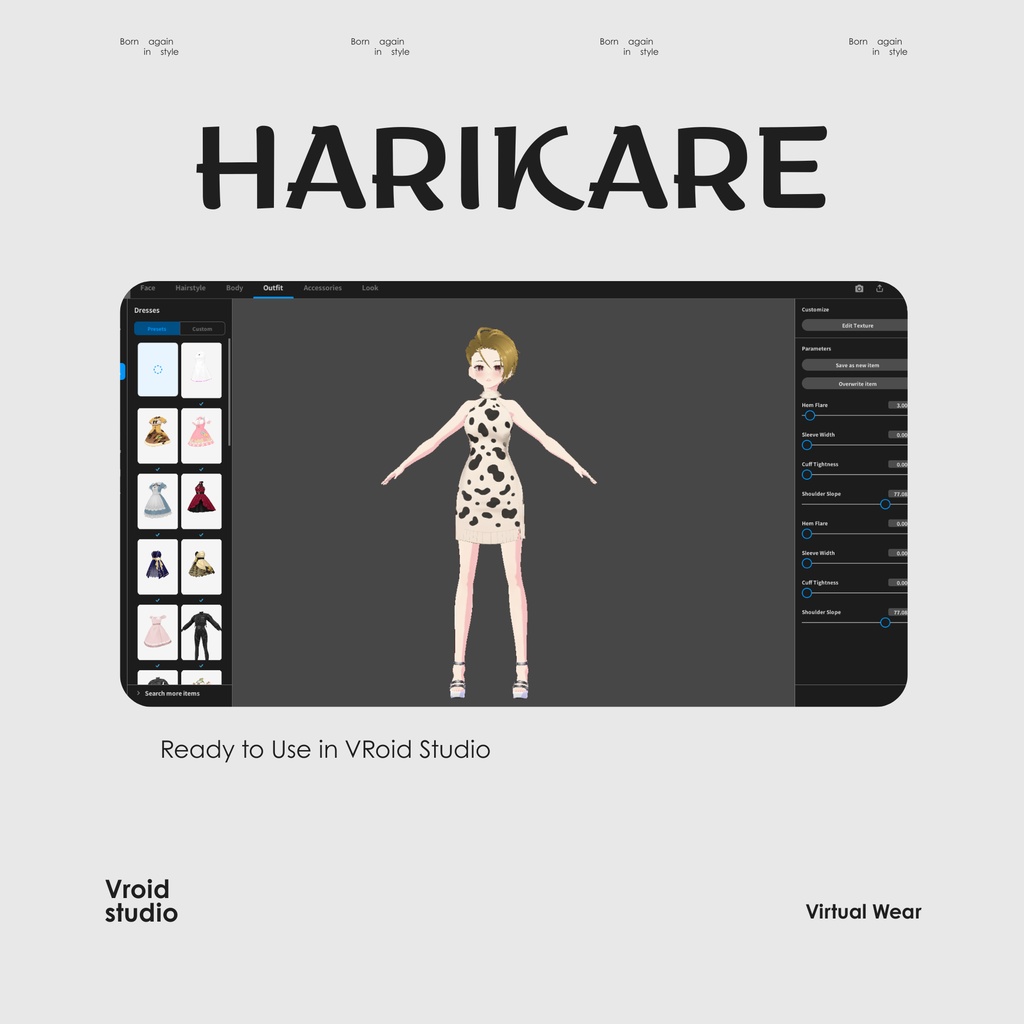 【VRoid Texture & Custom Item】 カジュアル / CASUAL|#VROID|ドレス / Dress】カウパターンドレス|Cow Pattern Dress(シンプル×ナチュラル / Simple × Natural Style)