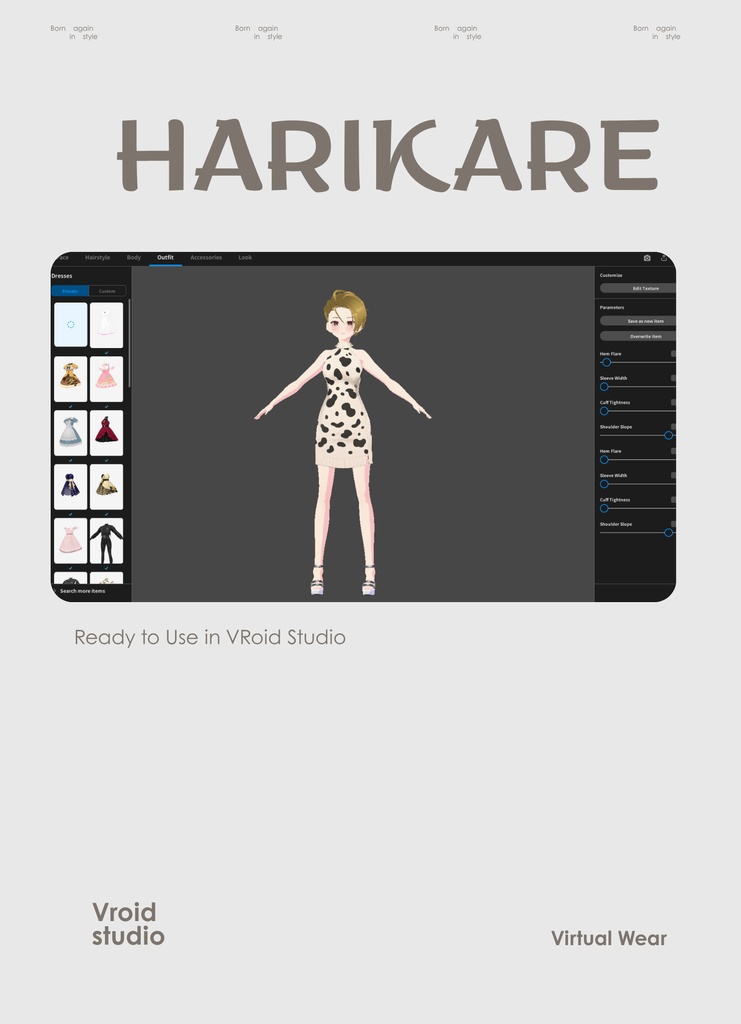 【VRoid Texture & Custom Item】 カジュアル / CASUAL|#VROID|ドレス / Dress】カウパターンドレス|Cow Pattern Dress(シンプル×ナチュラル / Simple × Natural Style)
