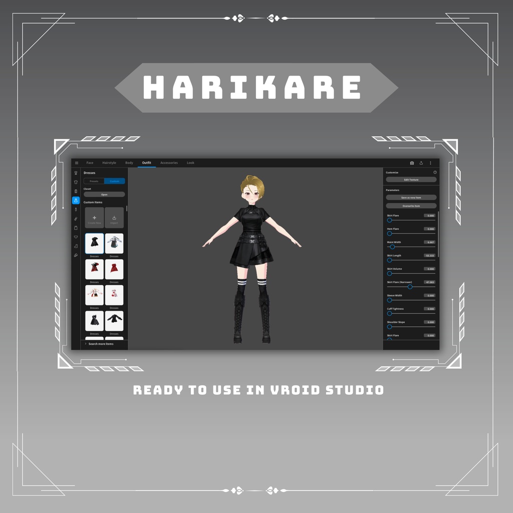 【VRoid Texture & Custom Item】Black Eclipse Techwear ブラックタクティカルドレス