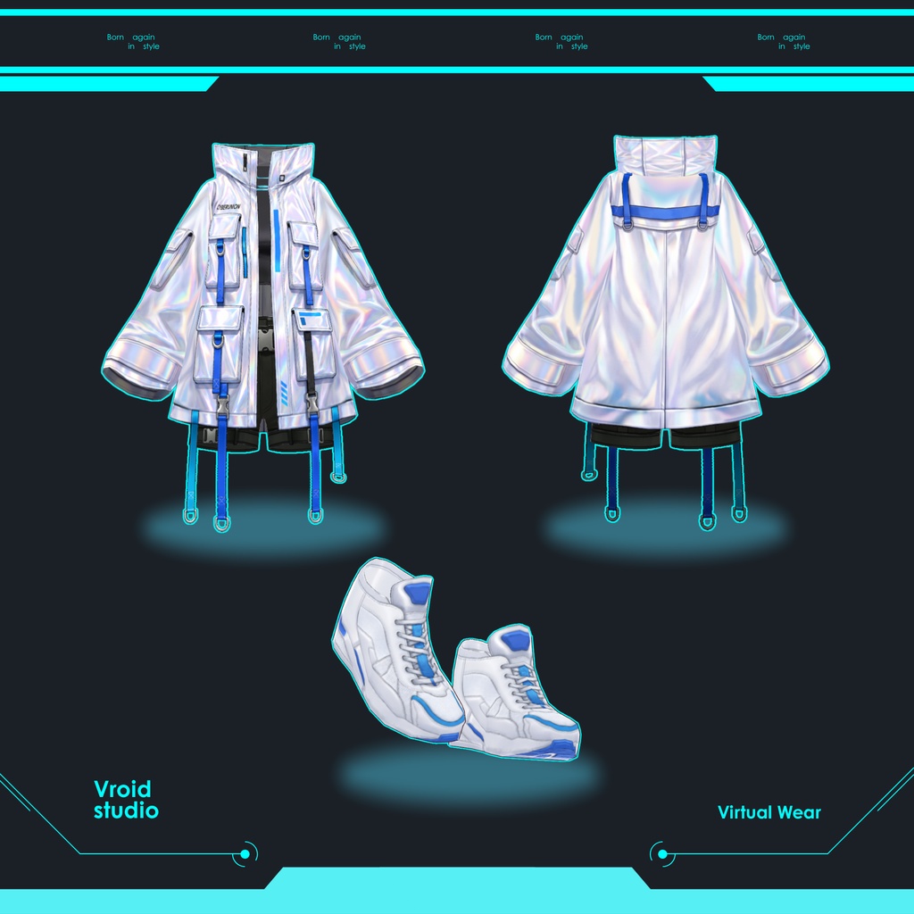 Cyberpunk Techwear white neon jacket | VRChat clothing asset | vtuber fashion | Vroid studio clothing | Icebound Unit