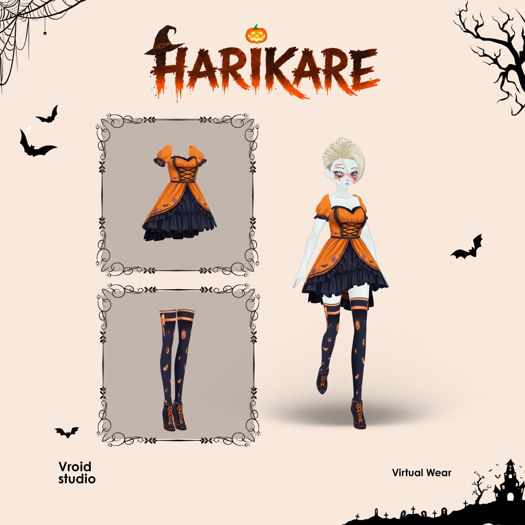Halloween Cute Girl Pumpkin Ghost Fruit Bat Dress | VRChat VTuber VRoid Outfit