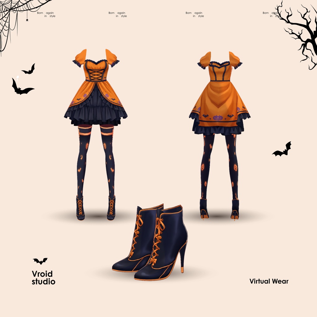 Halloween Cute Girl Pumpkin Ghost Fruit Bat Dress | VRChat VTuber VRoid Outfit