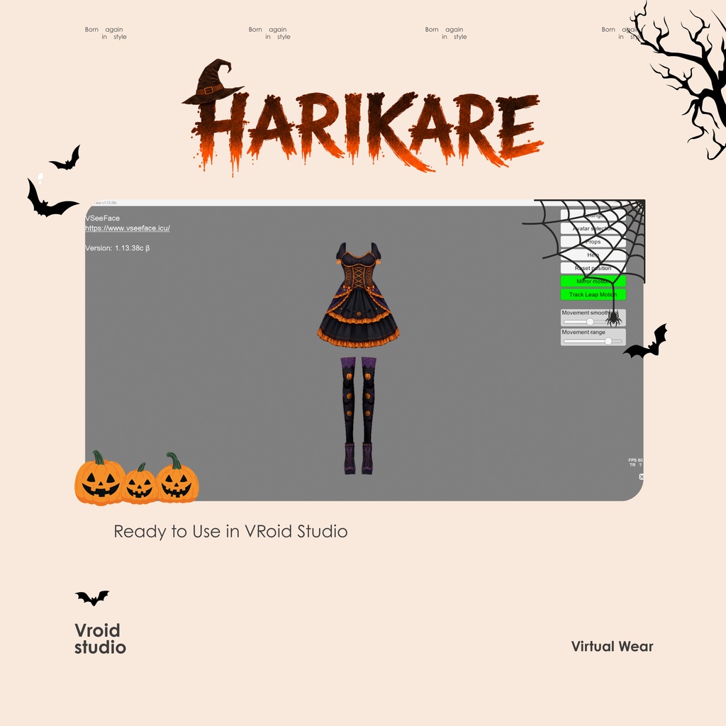 Cute Black-Oranye Gothic Outfit Halloween Pumpkin Dress | VTuber VRChat VRoid Outfit