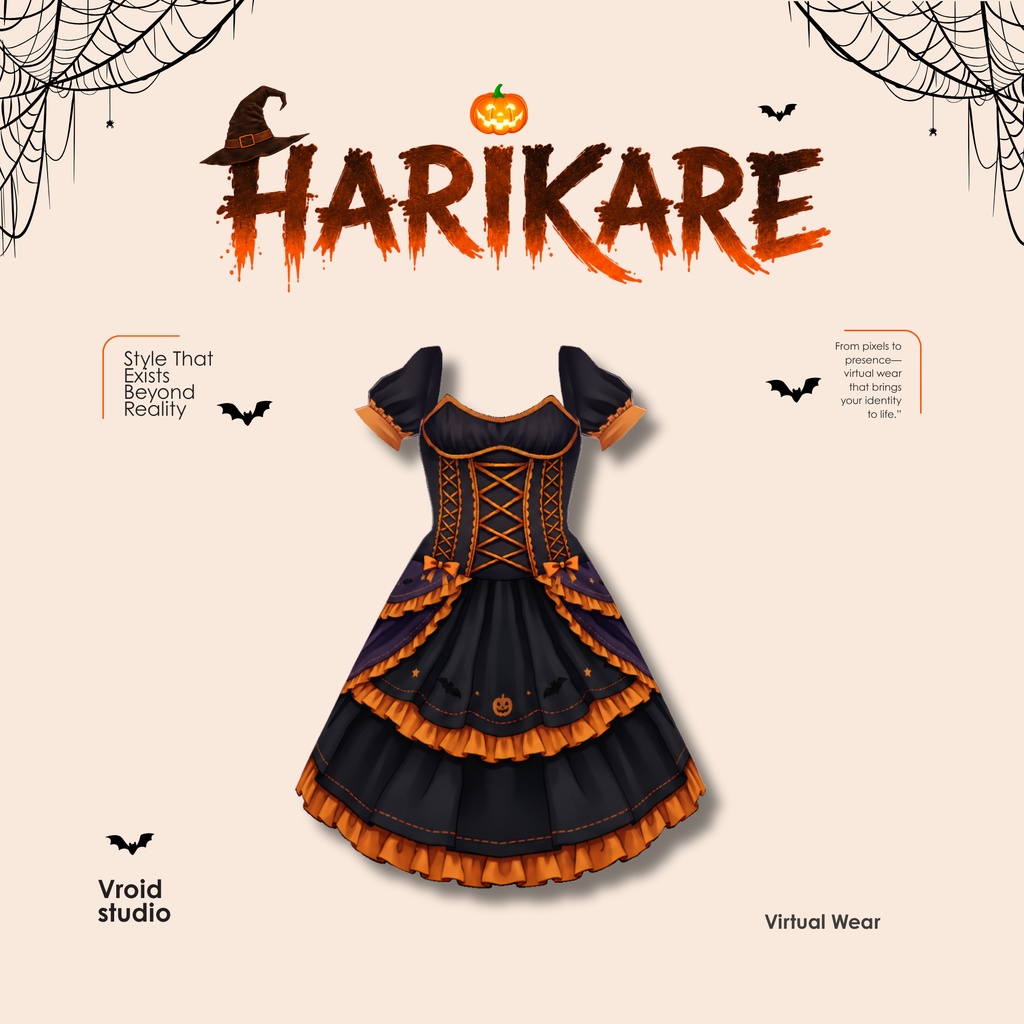 Cute Black-Oranye Gothic Outfit Halloween Pumpkin Dress | VTuber VRChat VRoid Outfit