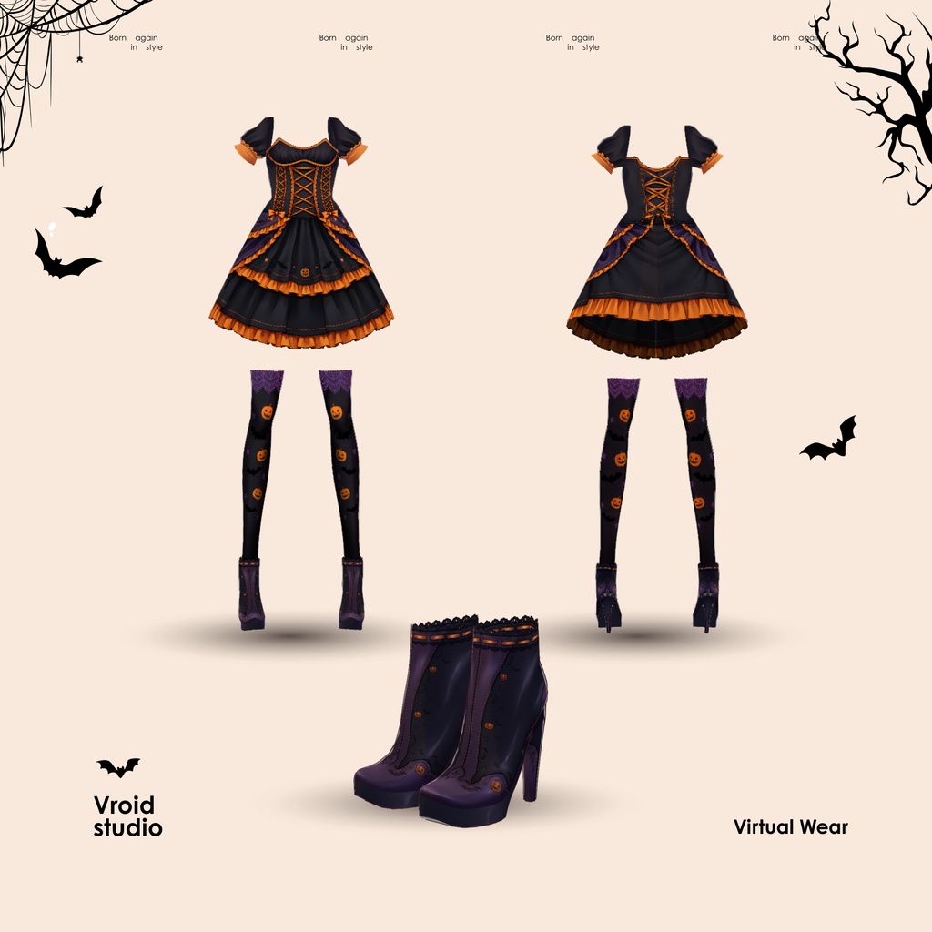 Cute Black-Oranye Gothic Outfit Halloween Pumpkin Dress | VTuber VRChat VRoid Outfit