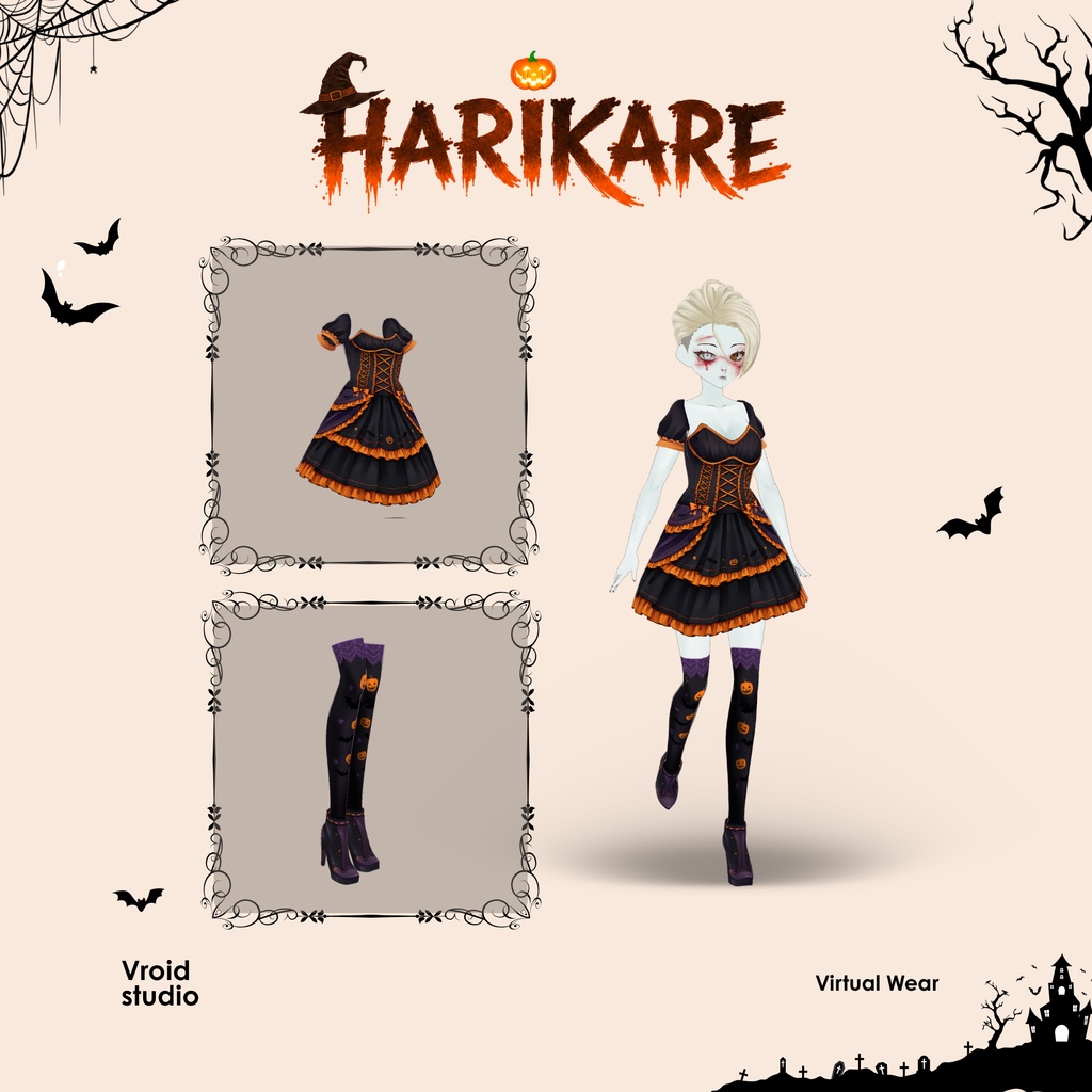 Cute Black-Oranye Gothic Outfit Halloween Pumpkin Dress | VTuber VRChat VRoid Outfit