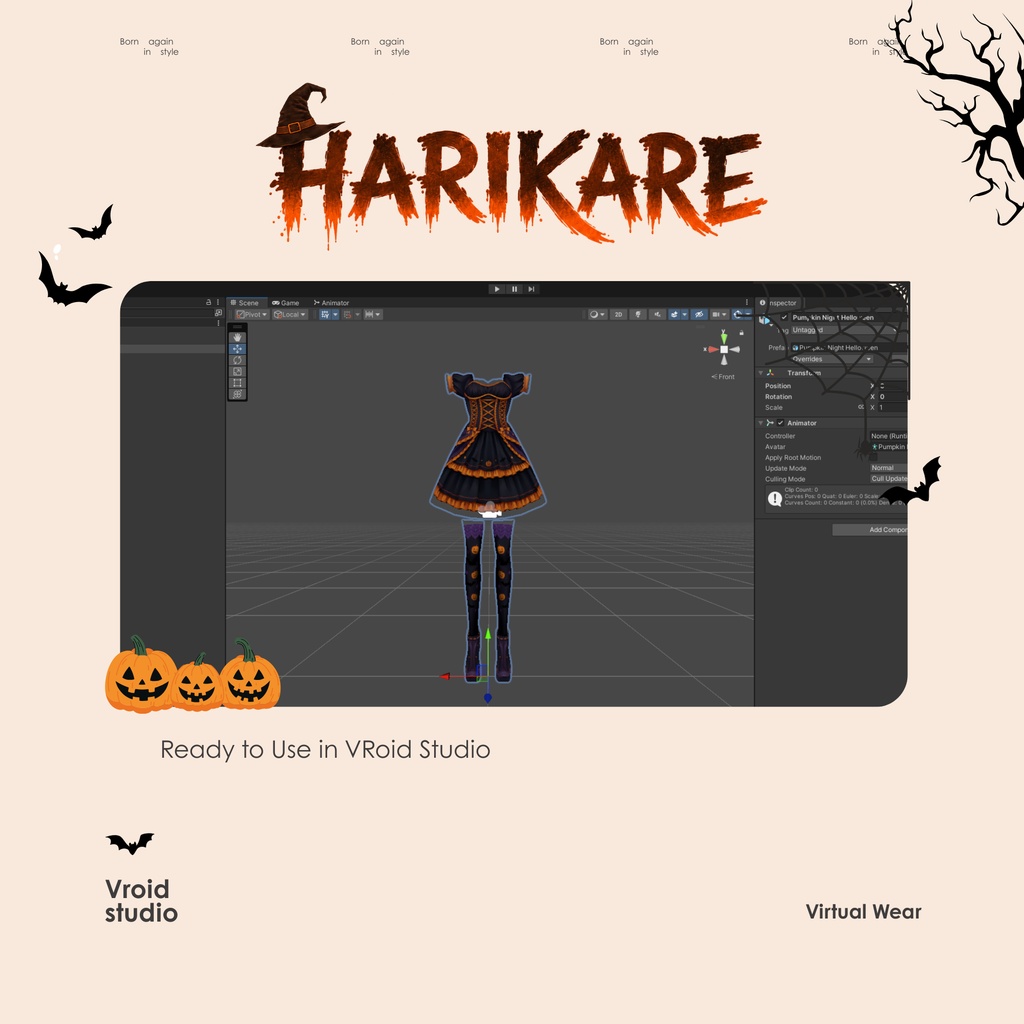 Cute Black-Oranye Gothic Outfit Halloween Pumpkin Dress | VTuber VRChat VRoid Outfit