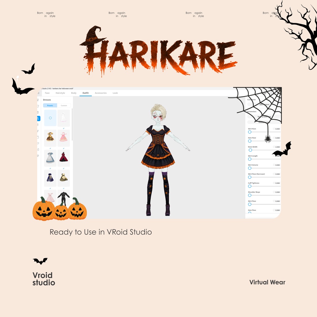 Cute Black-Oranye Gothic Outfit Halloween Pumpkin Dress | VTuber VRChat VRoid Outfit