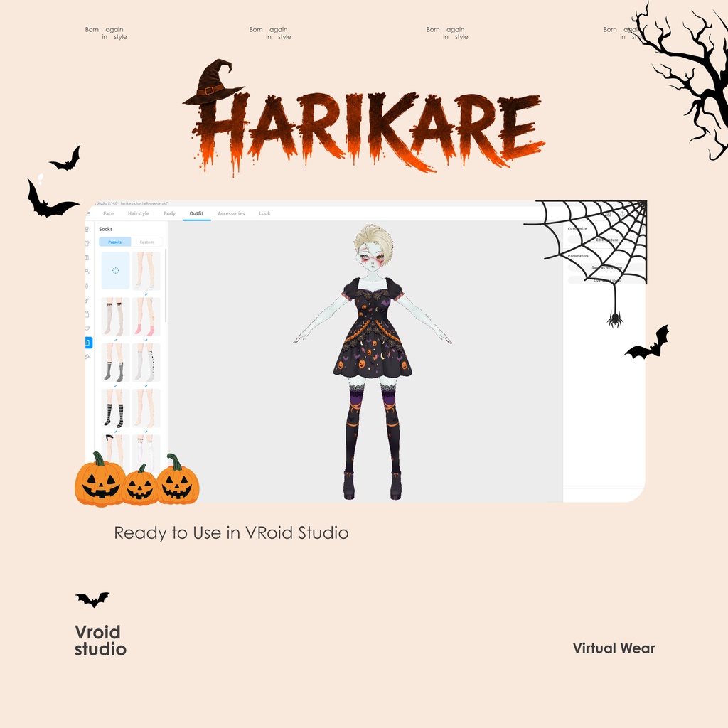 Mystic Halloween Night Dress | Pumpkin Bat Witchy Outfit for VTuber VRChat VRoid