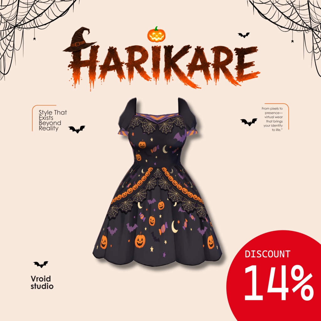 DISCOUNT! Halloween Black Pumpkin Dress, Pumpkin Bat Witchy Outfit for VTuber VRChat VRoid