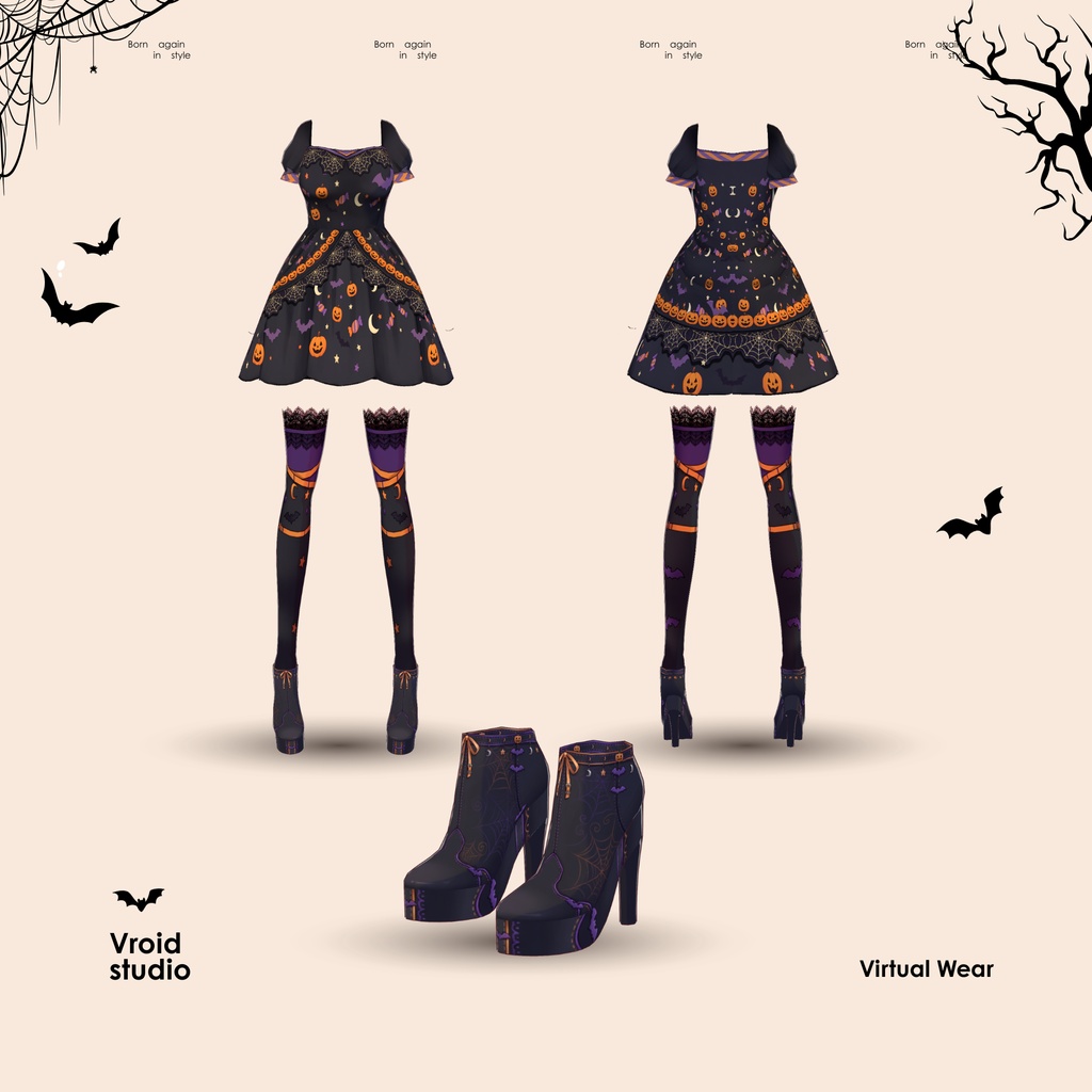 Mystic Halloween Night Dress | Pumpkin Bat Witchy Outfit for VTuber VRChat VRoid