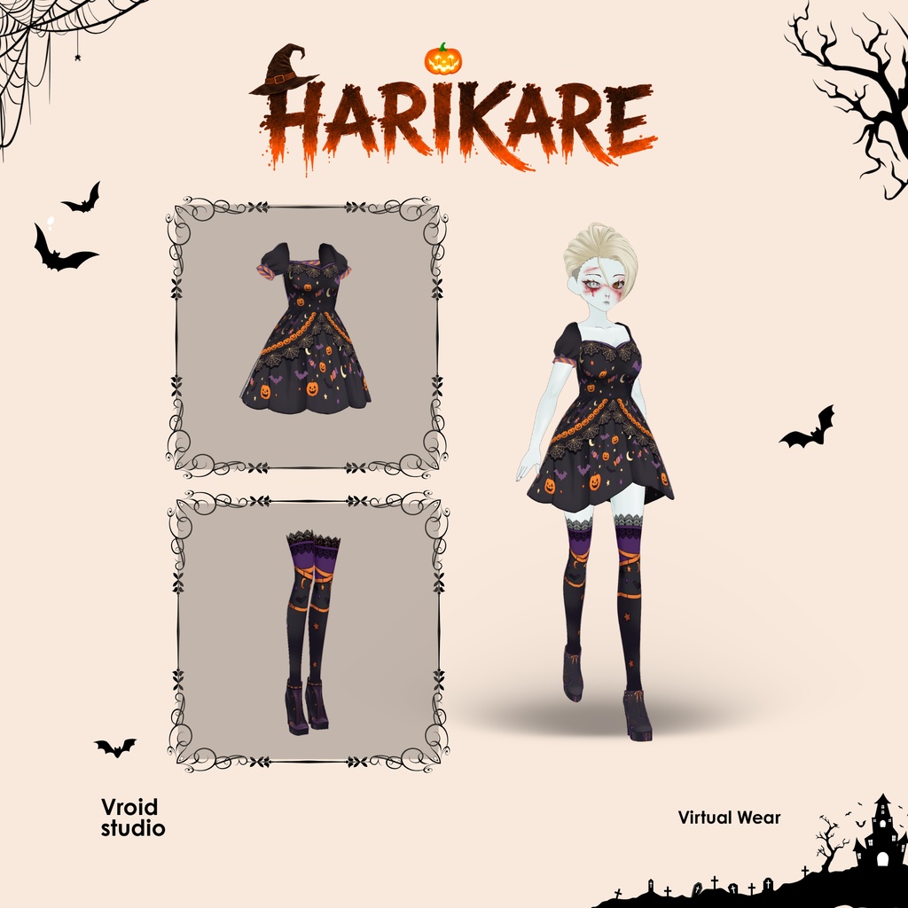 Mystic Halloween Night Dress | Pumpkin Bat Witchy Outfit for VTuber VRChat VRoid