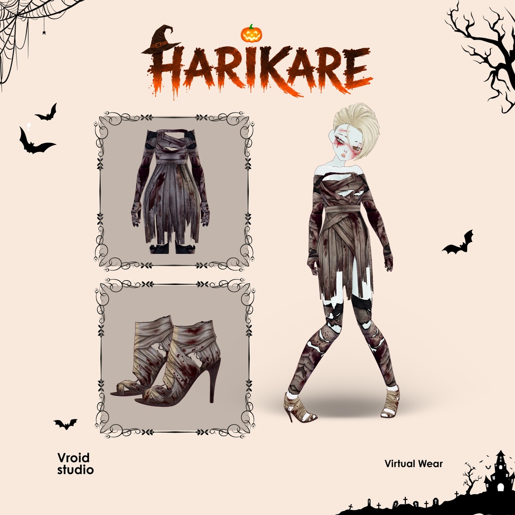 Scary Mummy Halloween Costume, Blood Mummy Horror Cosplay VRChat VTuber VRoid Outfit