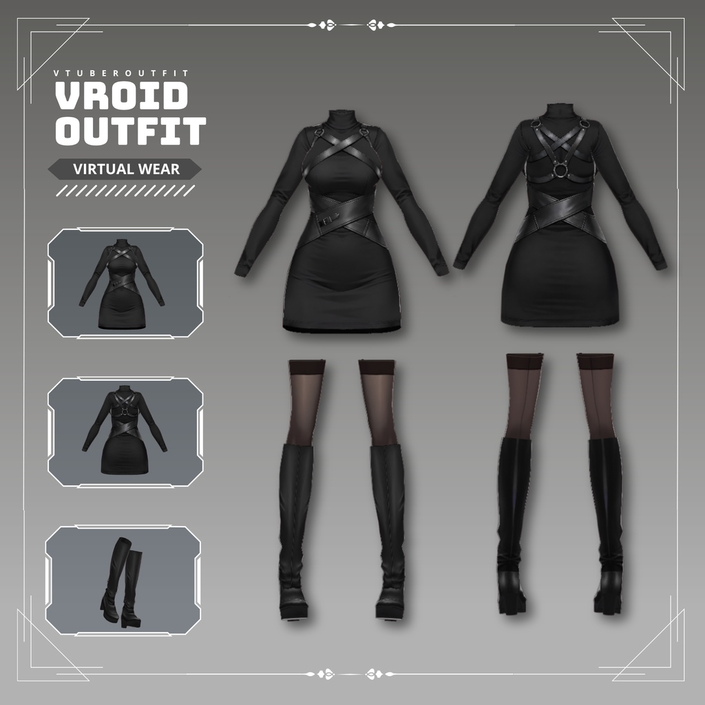だーくごしっくこーで  Black Gothic harness dress VRChat vtuber Vroid fashion asset