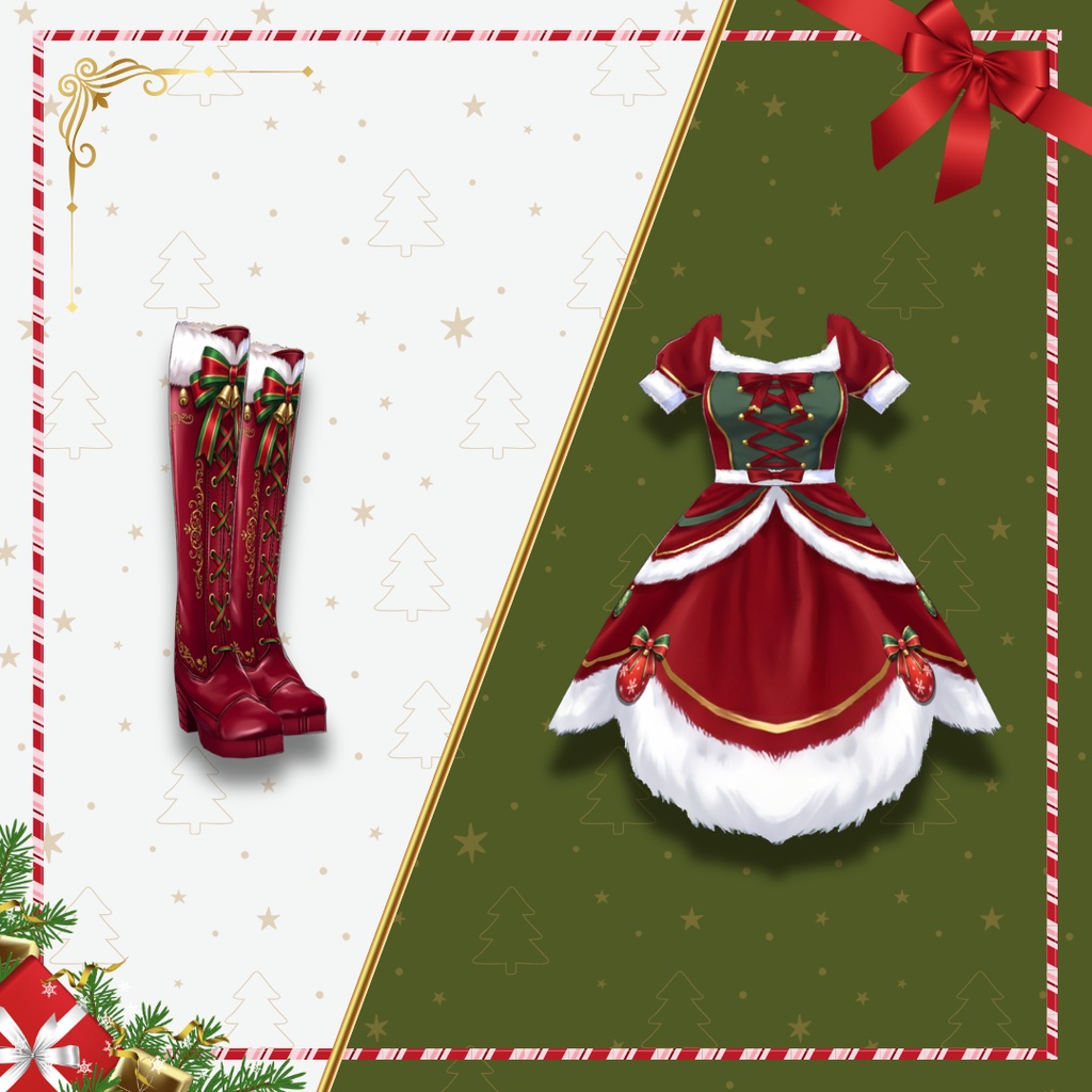 Christmas Fur Dress, Red Ribbon Christmas Outfit VRChat VRM VRoid VTuber