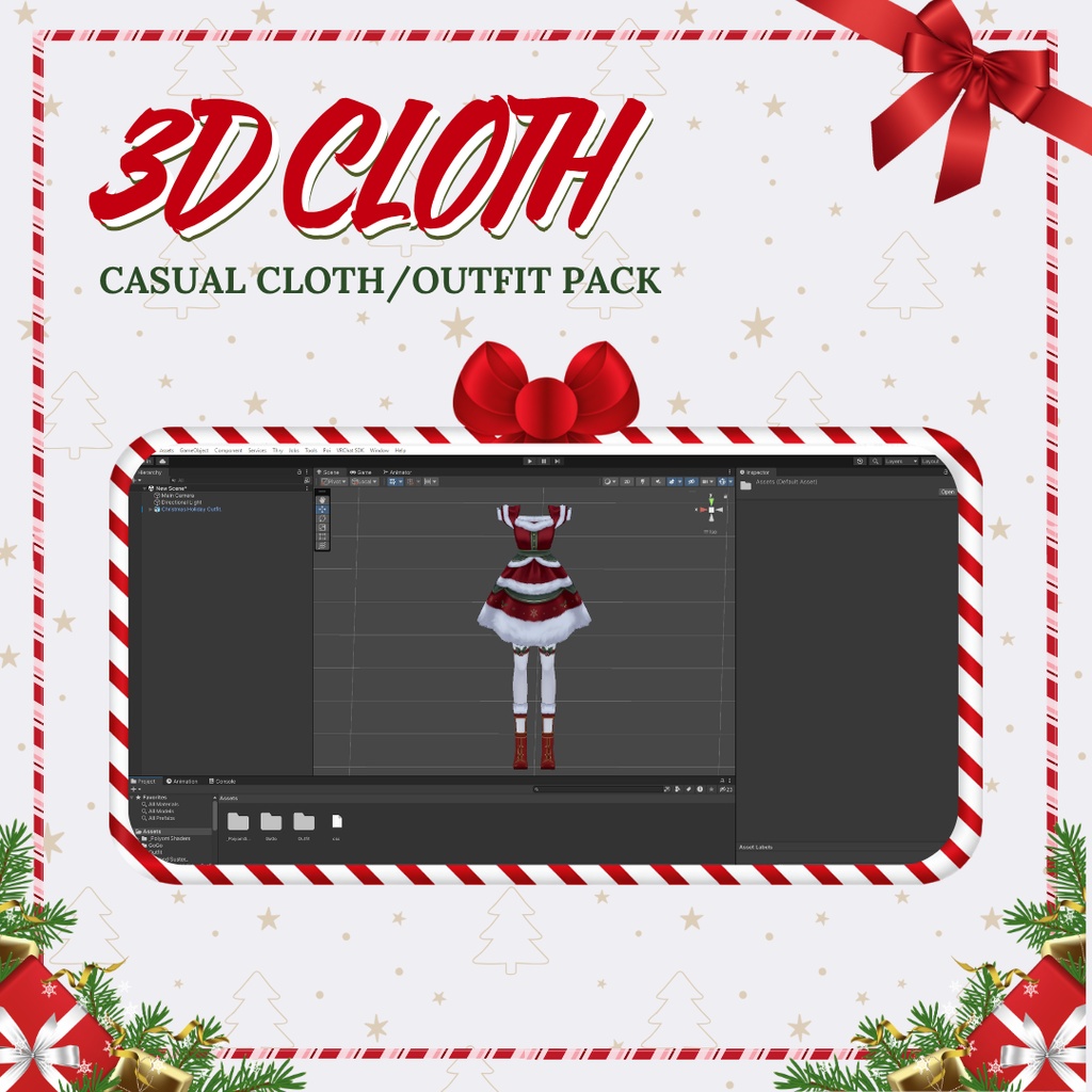 Christmas Fur Dress, Red Ribbon Christmas Outfit VRChat VRM VRoid VTuber