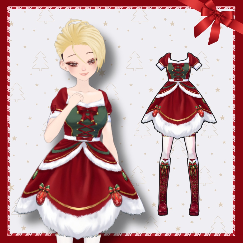 Christmas Fur Dress, Red Ribbon Christmas Outfit VRChat VRM VRoid VTuber
