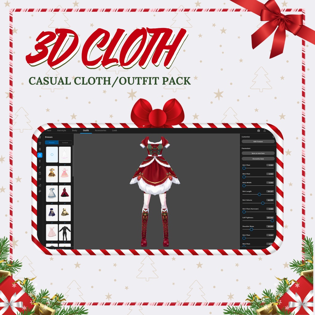 Christmas Fur Dress, Red Ribbon Christmas Outfit VRChat VRM VRoid VTuber
