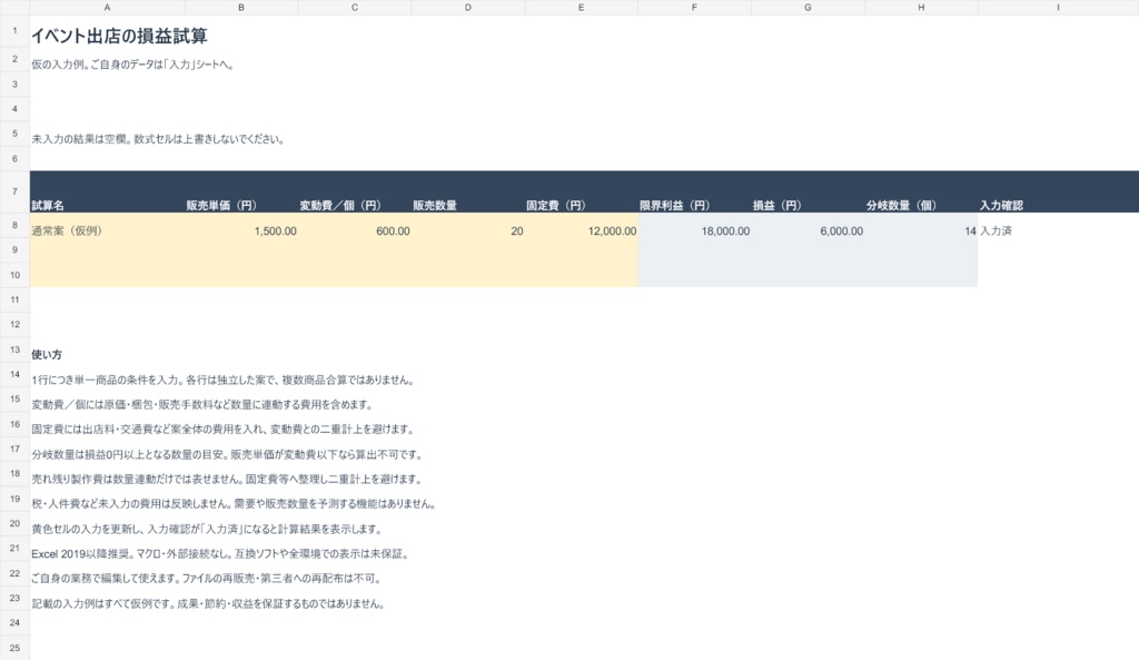 イベント出店の損益試算Excel【単一商品30案・入力例つき】