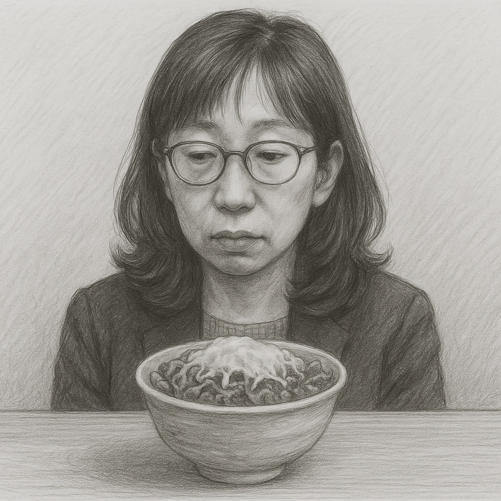 チーズ牛丼を見つめるチー牛底辺女性